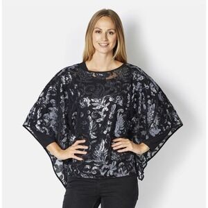 Bob Mackie Wearable Art Black Sequined Lace Poncho Top 3X Gunmetal Artsy